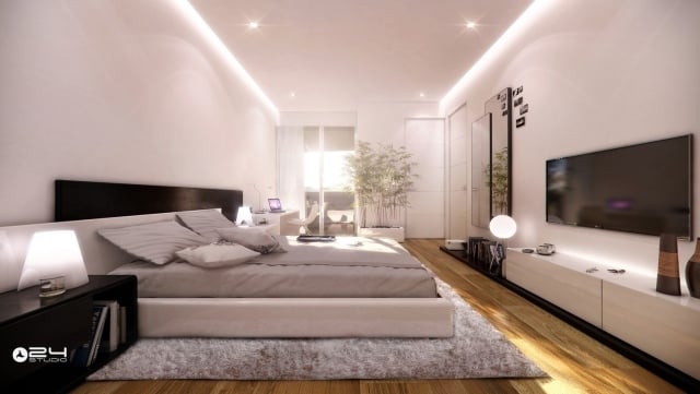 modernes-schlafzimmer-hellgrau-abgehaendgte-decke-holzboden