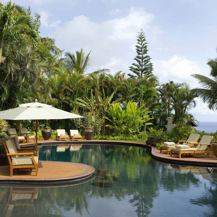 Pool im Hinterhof -exotisch-tropisch-palmen-sonnenschirm-gartenmoebel