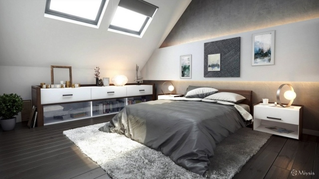 schlafzimmergestaltung-ideen dachschraege-grau-weiss-wandpaneele