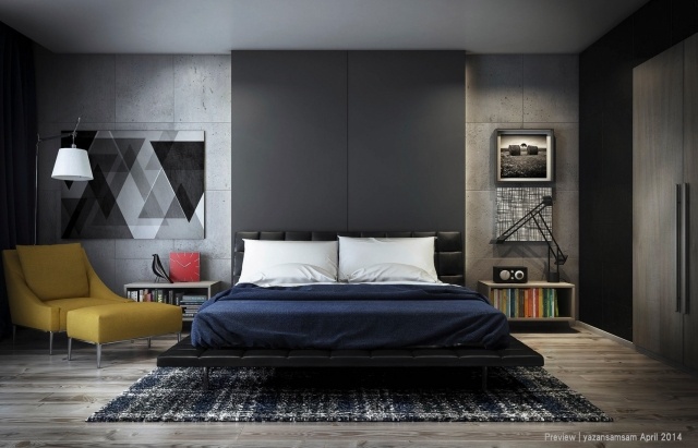schlafzimmergestaltung-ideen wandplatten-beton-optik-paneele-hinterbeleuchtung