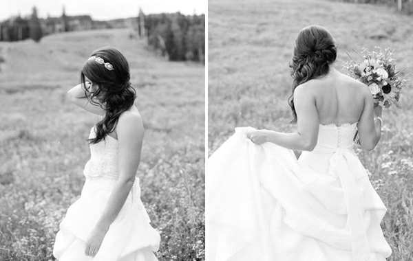 schwarz-weißes-Foto-Hochzeitsfrisur-Haarreif-Weizenfeld