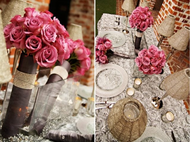 vintage-hochzeit-silberne-tischdecke-rosa-rosen-tischleuchten