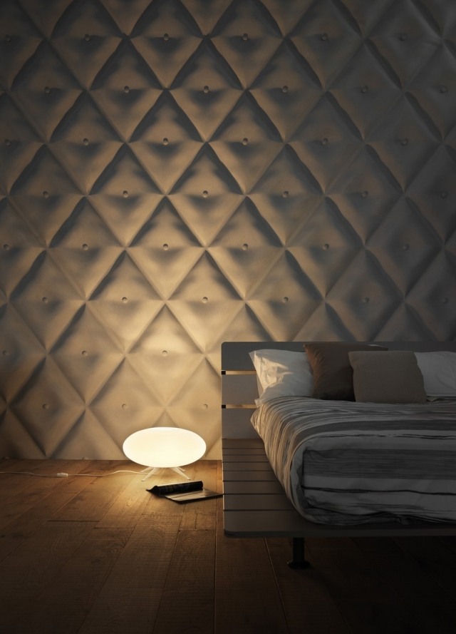 Ideen zur Wandgestaltung dekorative-3d-paneele-rautenmuster-weiss-schlafzimmer