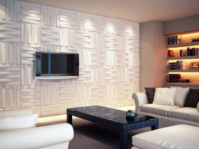 Ideen zur Wandgestaltung wandplatten-weiss-quadratisch-modernes-wohnzimmer-tv