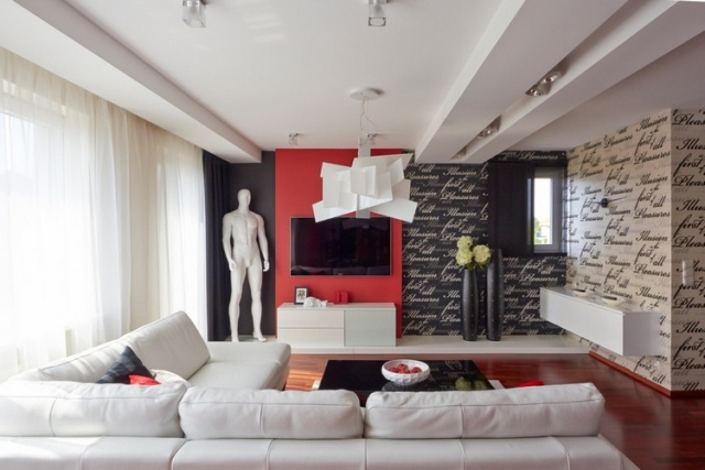 wohnzimmer-einrichtung-rot-schwarz-weiss-kombination