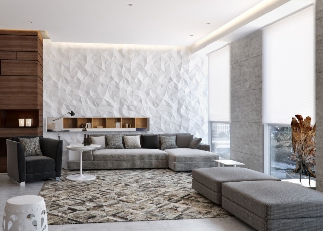 wohn Zimmer-Einrichtungsideen modern-weisse-wandpaneele-geometrisch-abgehaengte-decke-graues-sofa