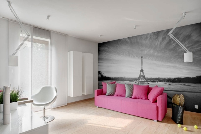 wohnzimmer-fototapete-schwarz-weiss-eiffelturm-rosa