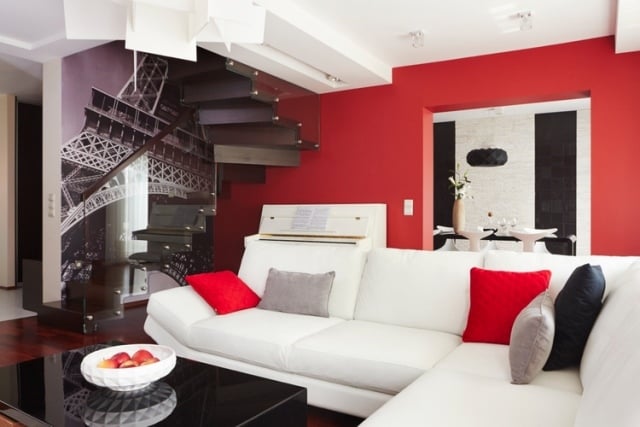 wohnzimmergestaltung-ideen-rot-weiss-schwarz-fototapete-eiffelturm