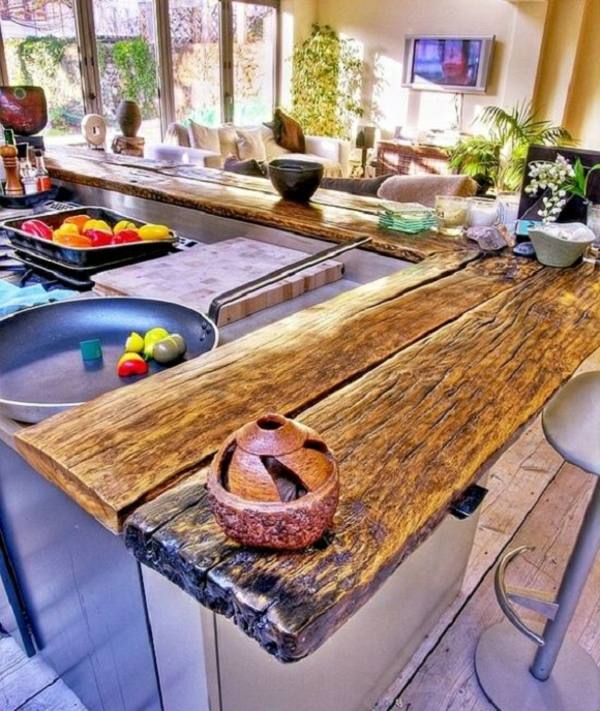 Küche-Landstil-Modernes-mit-Ländliches-Massivholz-unverarbeitet