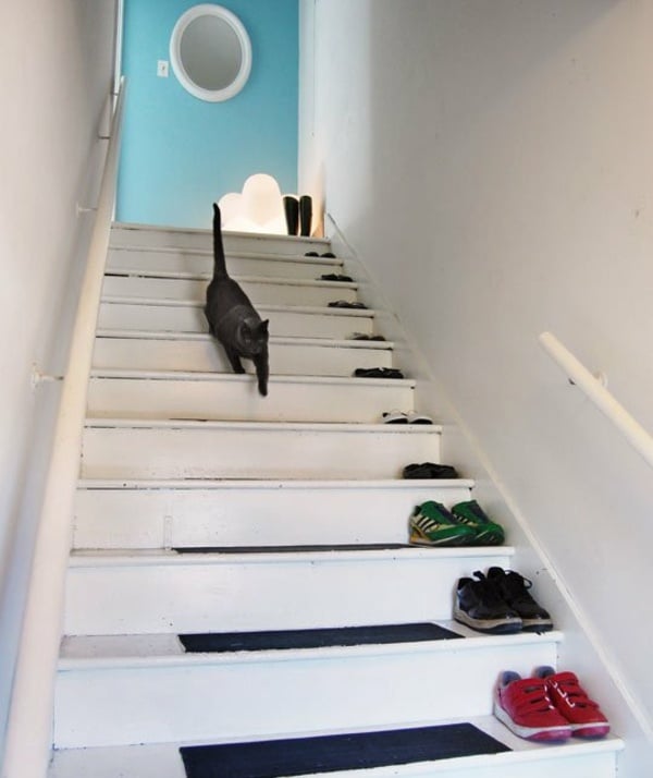 schwarze-Katze-Schuhe-auf-Treppen-blaue-Tür