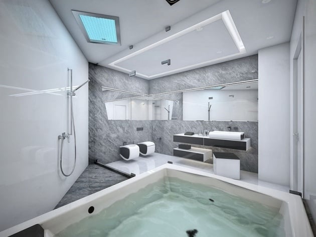 Badezimmer-Wandgestaltung-marmor-look-grau-weiß-akzente-freistehende-badewanne-whirlpool