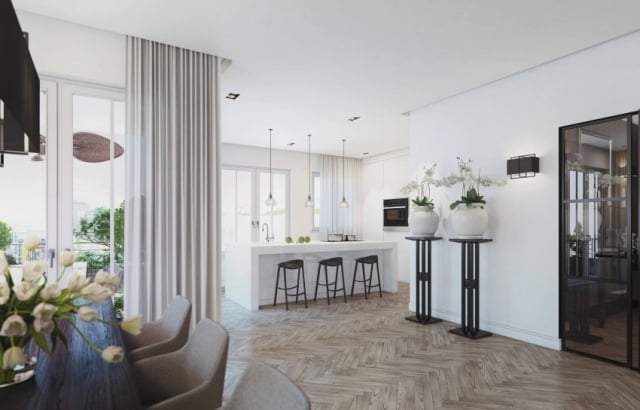 Elegant-Loft-Penthaus-Parkettboden-Küchenbereich-weiß-Kochinsel-Gardinen-zart