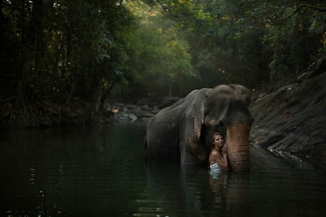 Frau-mit-Elefanten-im-Fluss