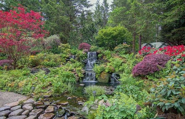 Garten-Oase-Bepflanzung-Abstufung-der-Wuchshöhe-Gartenteich-Wasserfall
