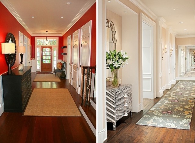 Gestaltung-Flur-Boden-Parkett-geölt-Wände-Rot-Weiß-Bordüren-Möbel