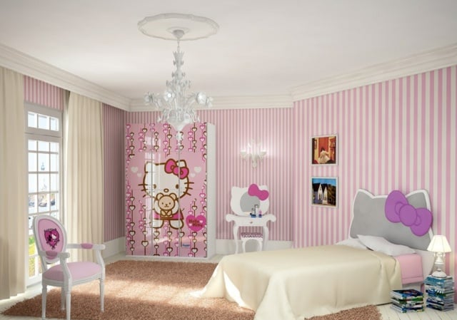 Jugendzimmer einrichten Bett Wandsticker Kleiderschrank Stühle Schminktisch Wandstreifen weiß rosa