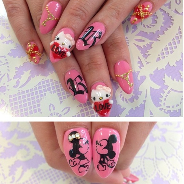 Kinderbuch-Motiven-Kitty-Pink-Mickey-Mouse-Nageldesign