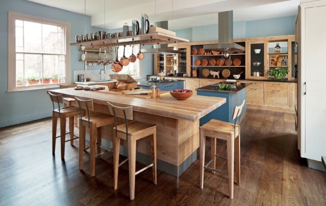 freistehend kombinieren moderner Landhausstil Küchenfronten Eiche blau gestrichen