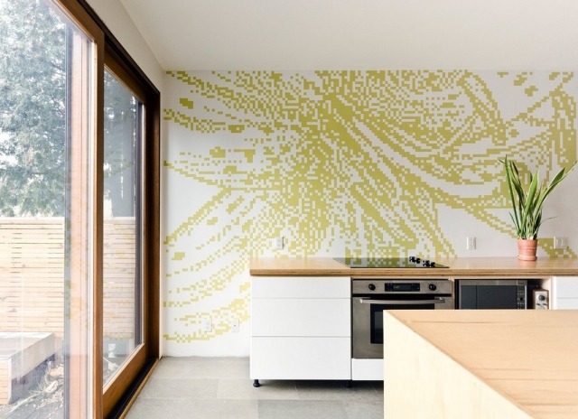 Küchenwand-gestalten-Pixel-ähnliche-motive-limettengrün
