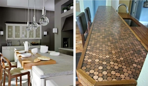 Modernes-Ambiente-Küchen-Arbeitsfläche-mit-runden-Holzmünzen-Holzrahmen