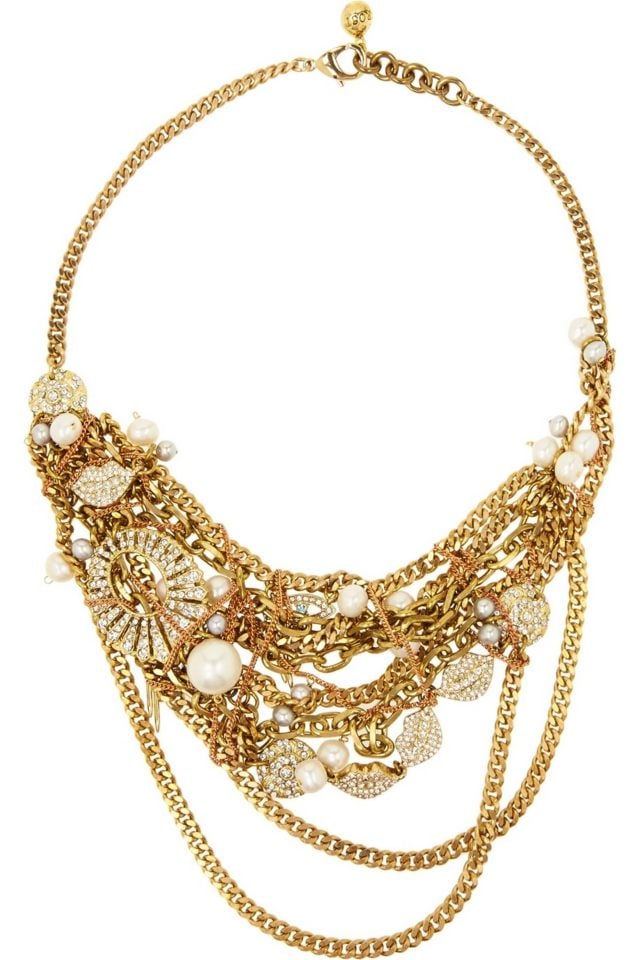 Modeschmuck-Kette-Perlen-Elementen-verschiedenen-Formen-Goldfarbig