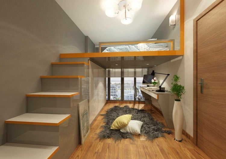 Minimalistische Hochglanz Hochbetten für Erwachsene mit eingebautem Schrank unter der Treppe