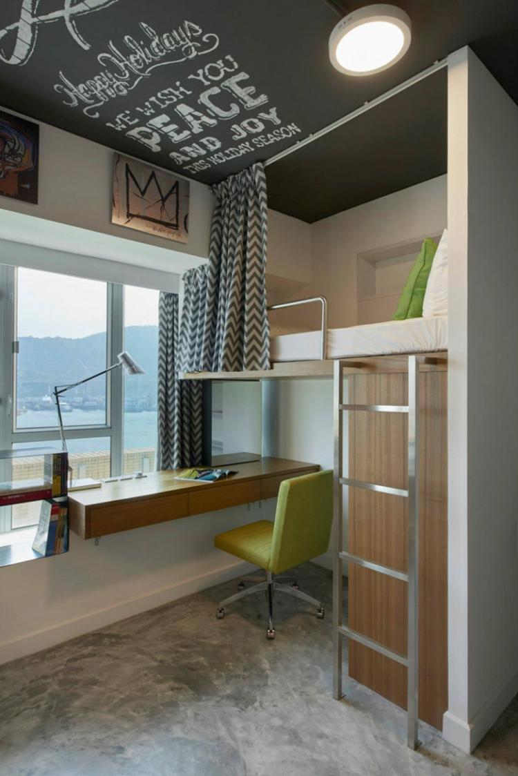 Modernes Hochbett mit Vorhang für Privatsphäre und Schreibtisch aus einer Konsole