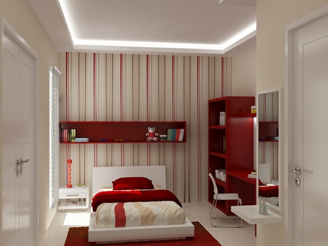 Jugendliche Streifen rot beige Wandregale weißes Bett Furnierholz Möbel