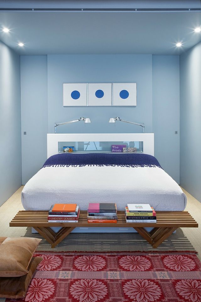 blaue Wandfarbe Wanddeko Bett Kopfteil Wandsticker verziert