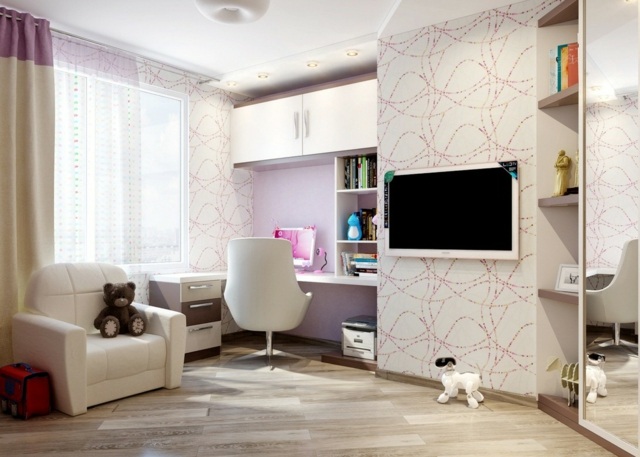 Zimmer Wandgestaltung Tapeten rosa Muster Schreibtisch Sessel Leder weiße Farbe