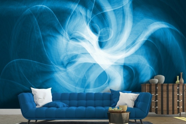 blaues Design Sofa Kommode Holz Kaffeetisch niedrig