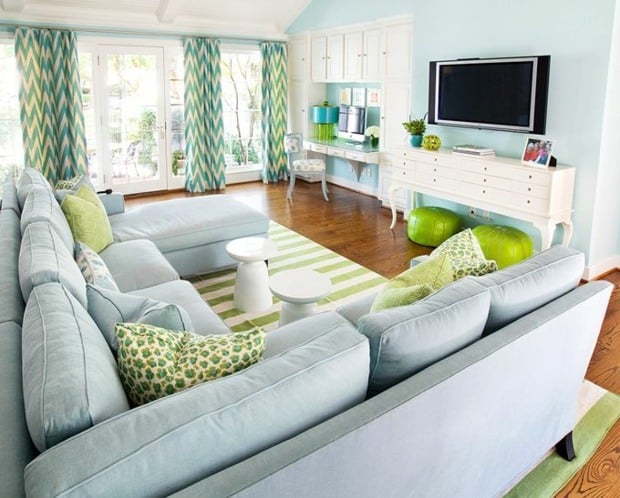 Ideen hellblau Wände weiße Möbel Teppich lindgrün weiße Streifen