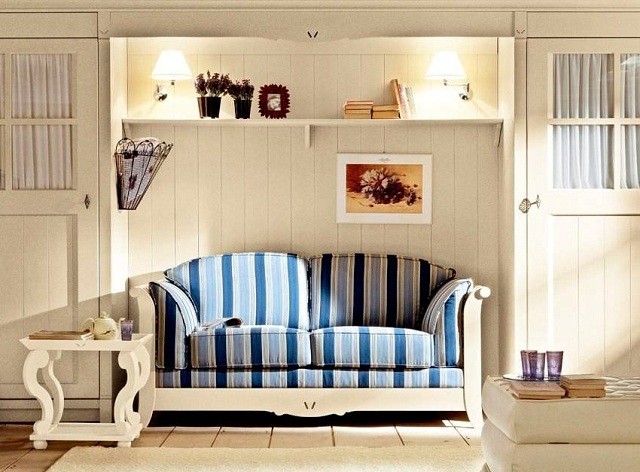 Shabby Chic Holz Sofa blaue Streifen Polsterung