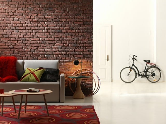 Ideen Ziegelwand Sofa Polstermöbel Teppich rote Farbe
