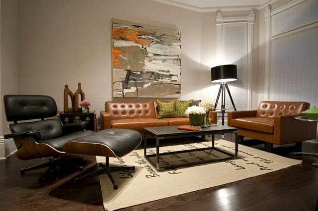 Wohnzimmer Wohnideen Leder Sofa Karamell Farbe Stehlampe schwarz
