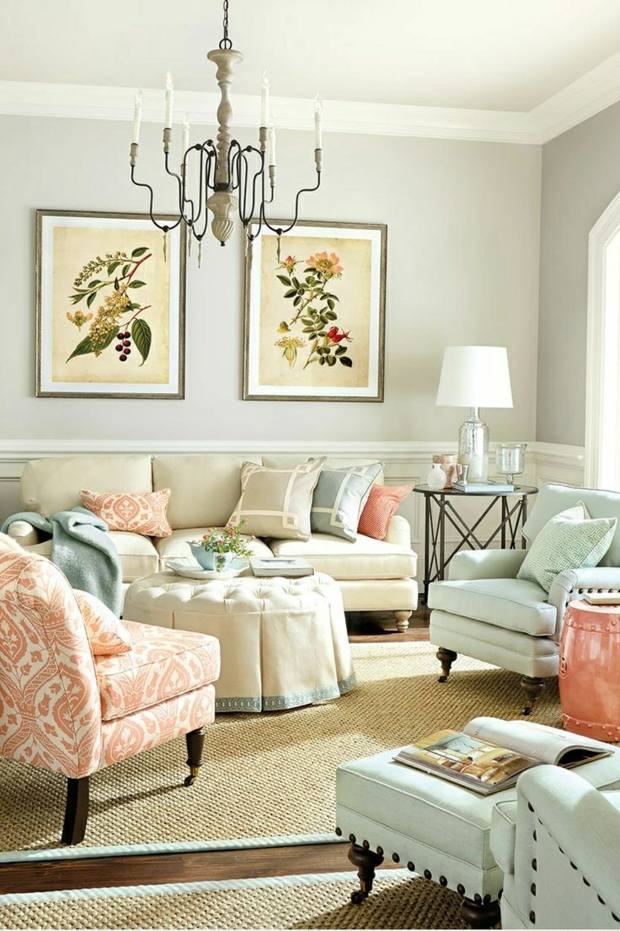 Wandfarben beige Pastellfarben Möbel rosa hellblau beige Naturmaterialien