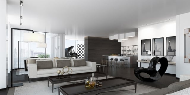 Wohnzimmer-einrichten-Ideen-in-Weiß-Schwarz-Grau-Design-Sessel-glanz