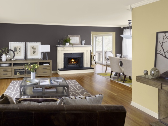Wohnzimmer grau gelb Wandfarbe auswählen kombinieren Ideen