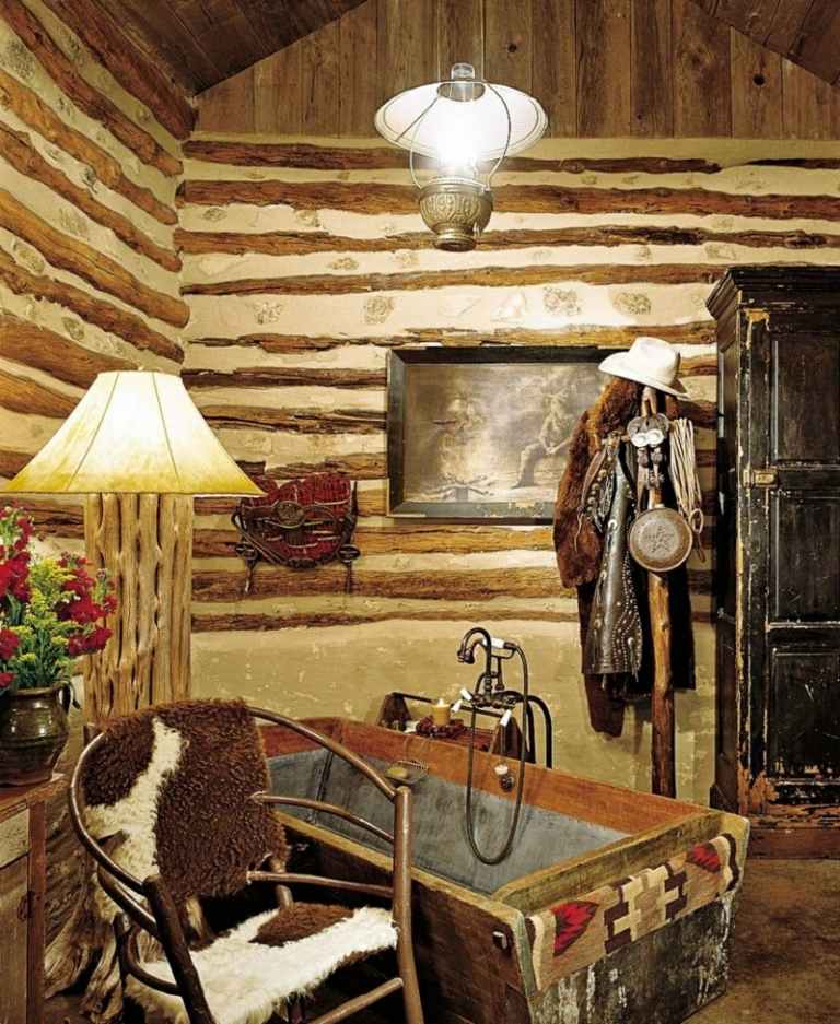 badezimmer einrichten rustikal western stil cowboy holz wand blockhuette