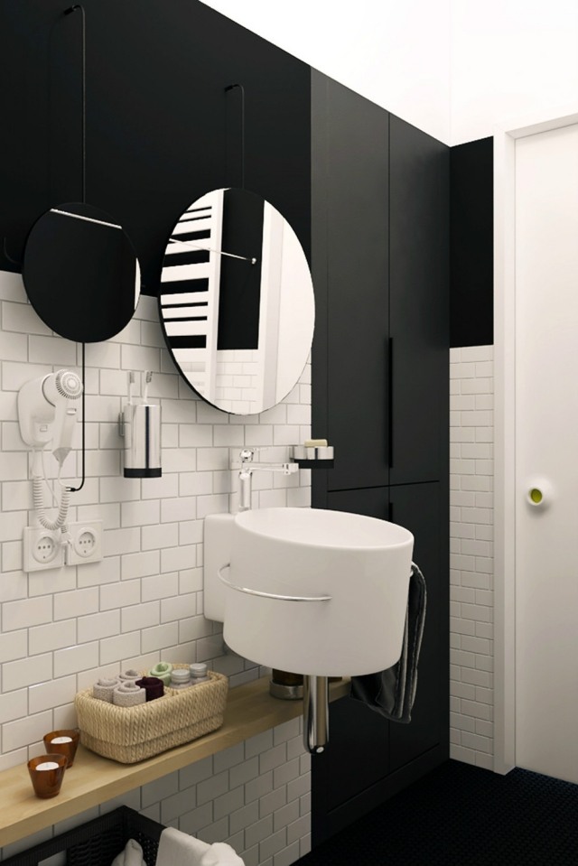 badezimmer gestalten ideen-schwarz-weiss-rundes-waschbecken