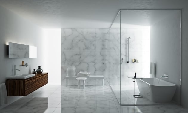 badezimmer-minimalismus-wand-boden-marmor-fliesen-weiß-grau-duschkabine-freistehende-wanne