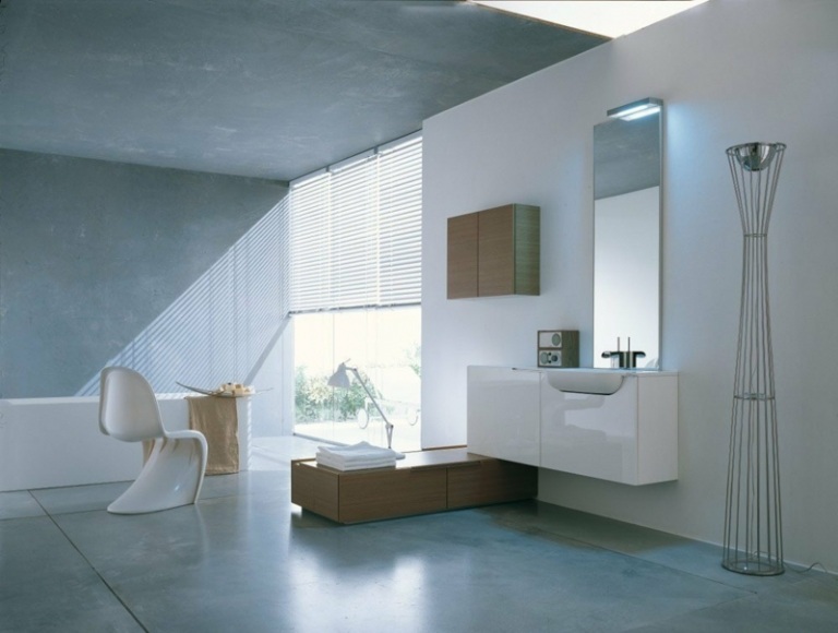 badezimmer modern einrichten blaugrau design fussboden wand weiss holz moebel