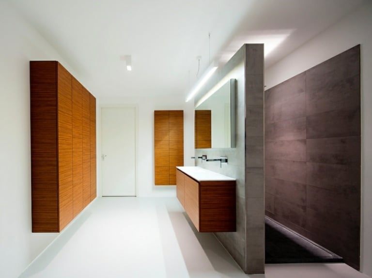 badezimmer modern einrichten offene dusche beton holzmoebel minimalistisch