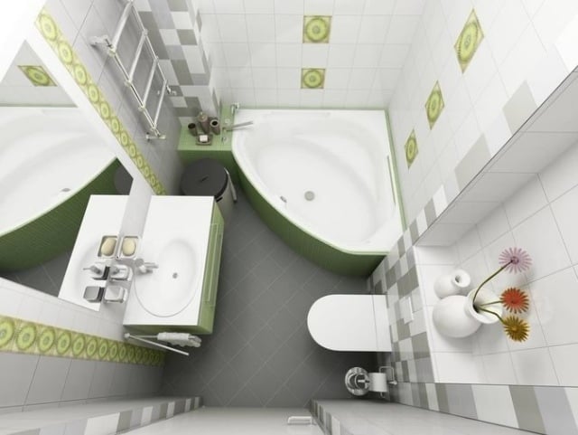 badezimmergestaltung ideen-kleine-bader-eckbadewanne-grau-gruen