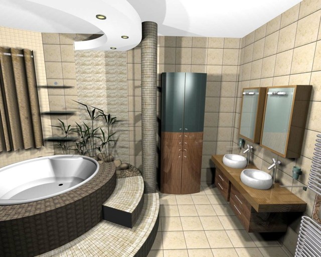 braune-warme-Töne-abgerundete-Kanten-Badewanne-Innenwand-mit-Fliesen-bedeckt