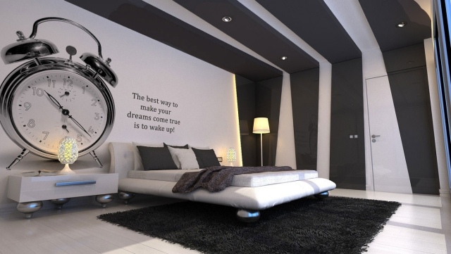 design-schlafzimmer-wandgestaltung-dekor-uhr-kontraste