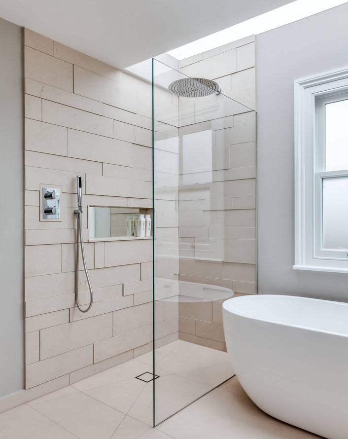 Duschkabine im Badezimmer ebenerdig-unsichtbarer-ablauf-3d-fliesen-beige-wandnische-regal