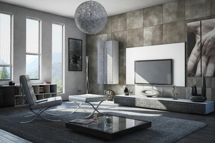 einrichten wohnzimmer minimalistisch beton quadrate beton fernseher lampe kugel