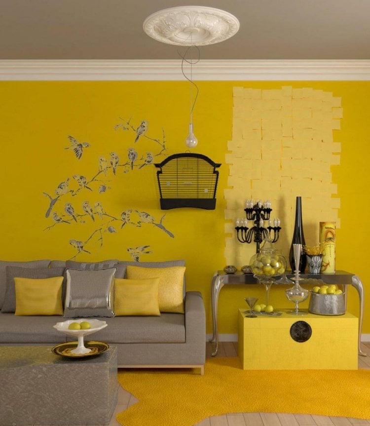 farben für wohnzimmer gelb wandtattoo grau einrichtung kaefig