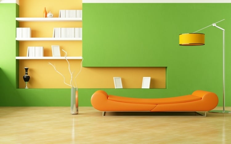 farben für wohnzimmer gruen orange canape stehlampe regal